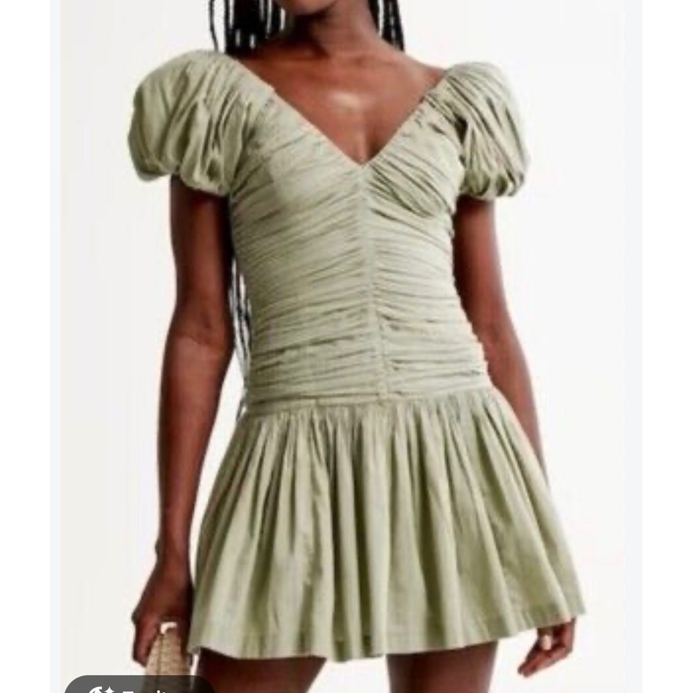 Abercrombie & Fitch Ruched Puff Sleeve Mini Dress Olive Green Sage V-Neck Dress